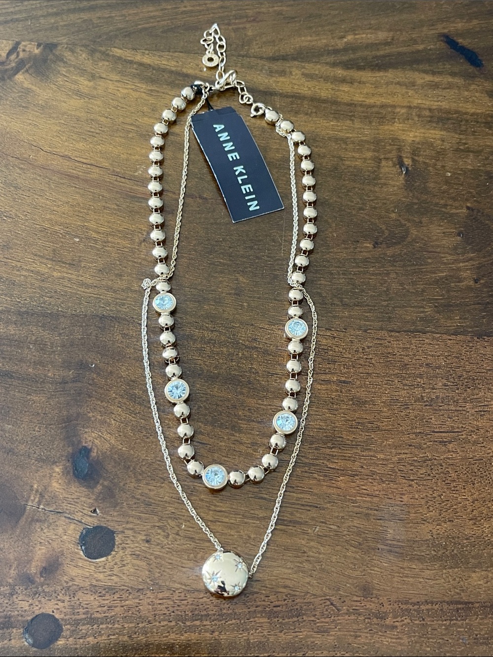 Anne Klein Gold Layered Bead Necklace with Crystal Accents